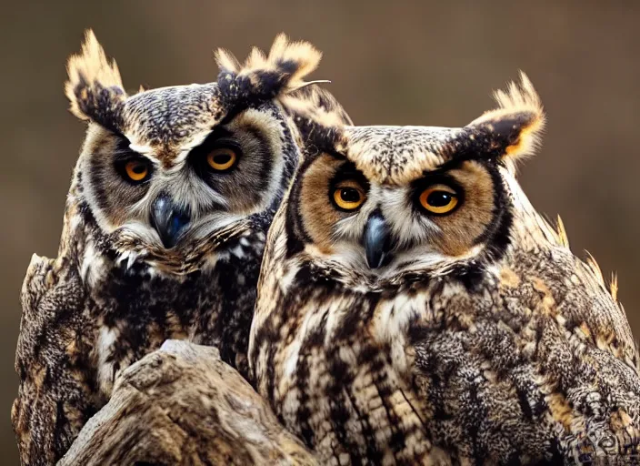 Prompt: an award winning photo of a creature that's part grizzly bear and part great horned owl, 4 k, wildlife photography, high quality, national geographic