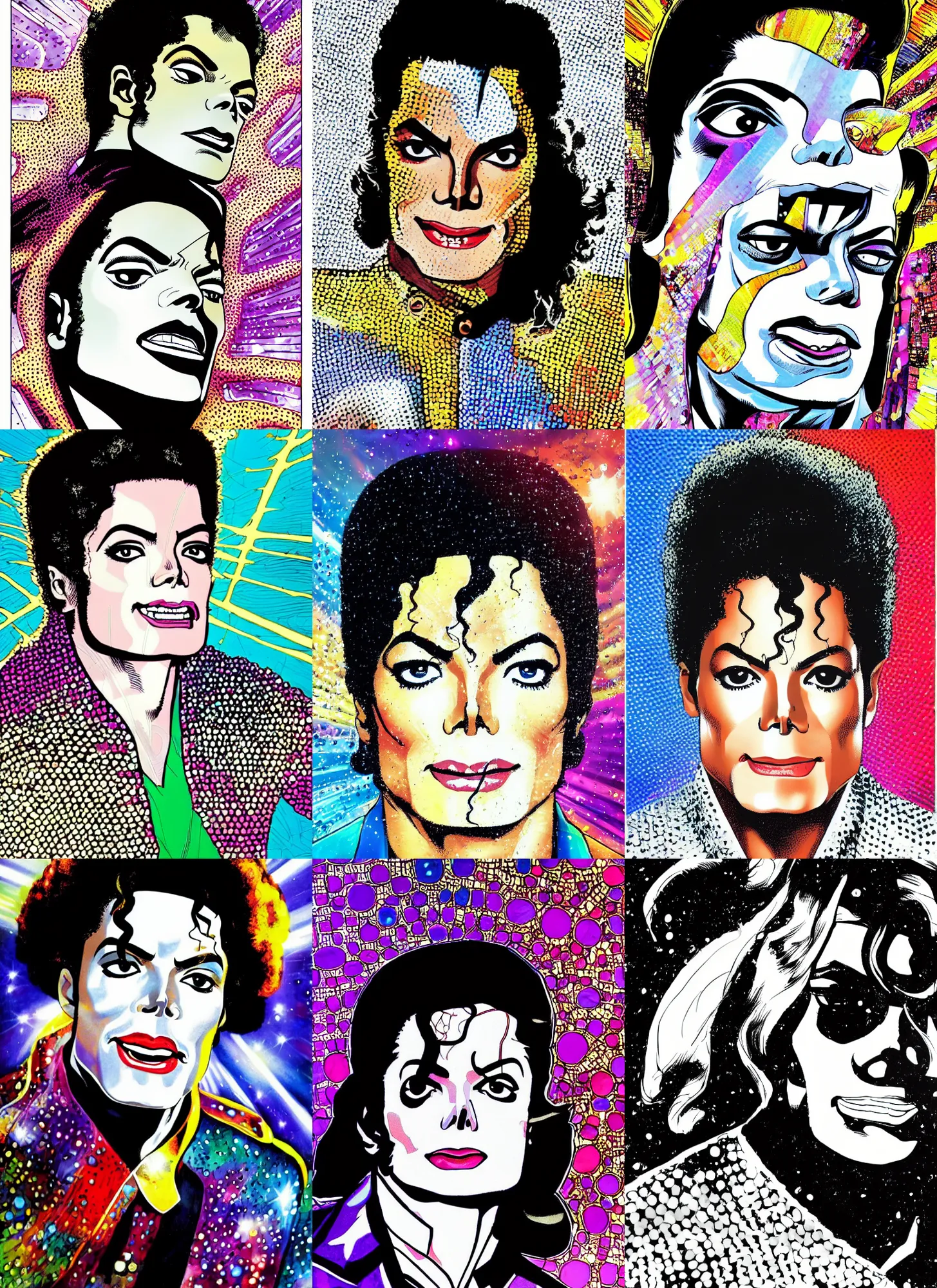 Prompt: dynamic macro head portrait of beautiful! michael jackson super hero in white sequined jacket by jack kirby and jack kirby comic, illustration, photo real