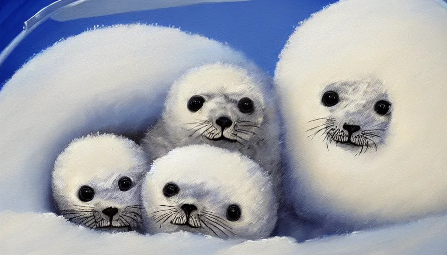 Prompt: highly detailed painting of cute furry white baby seals cuddled up in an igloo by william turner, thick brush strokes and visible paint layers, 4 k resolution, blue and white colour scheme