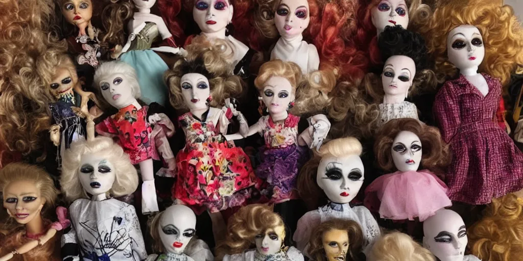 Image similar to drag queen ceramic doll collection in creepy attic