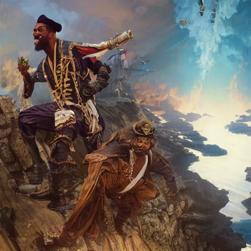 Image similar to chris rock dressed as a pirate and will smith dressed as a ninja, by adolf hiremy - hirschl and greg rutkowski and alphonse mucha, cosmic, intricate detail, cinematic, 8 k, cel shaded, unreal engine, featured on artstation, pixiv