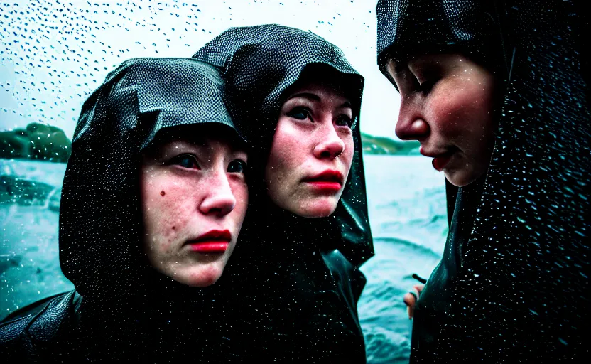 Prompt: cinestill 5 0 d candid photographic portrait by helen levitt of two loving skandinavian female androids wearing rugged black mesh techwear in treacherous waters, extreme closeup, modern cyberpunk moody depressing cinematic, pouring rain, 8 k, hd, high resolution, 3 5 mm, f / 3 2, ultra realistic faces, ex machina