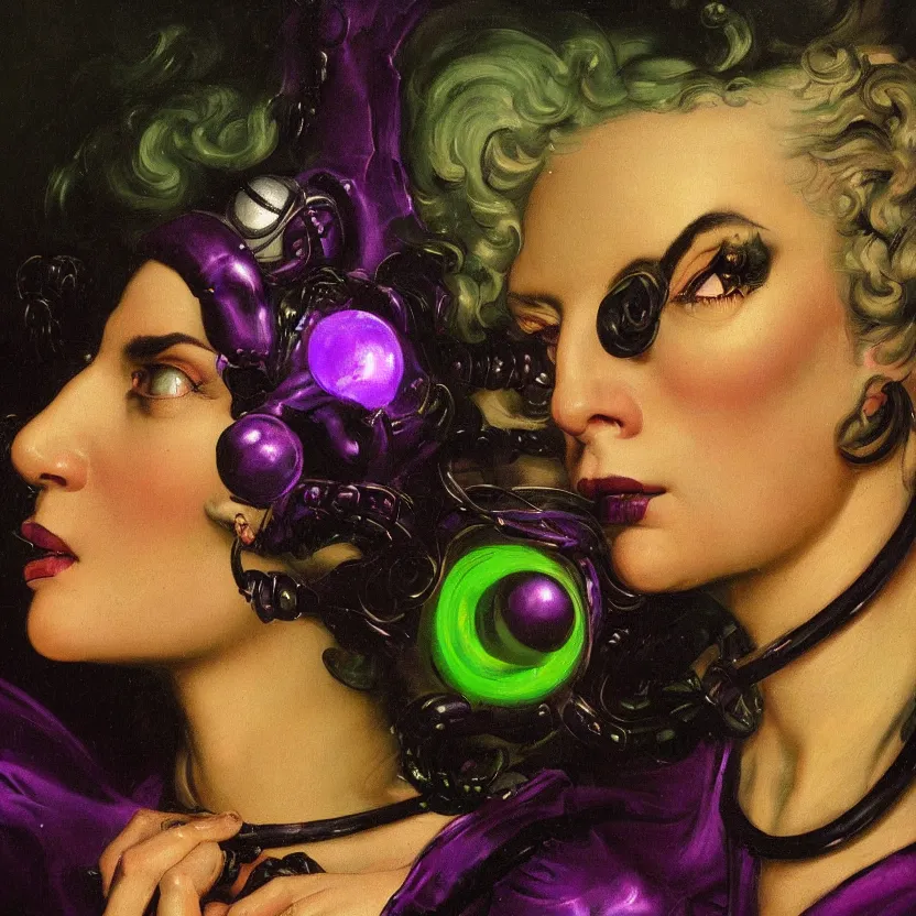 Prompt: a baroque neoclassicist close - up portrait of a retrofuturistic witch surrounded by black glowing lovecraftian technology. head, face and shoulders, deep green and purple foggy black background. renaissance portrait painting. highly detailed science fiction painting by norman rockwell, frank frazetta, and syd mead. rich colors, high contrast, gloomy atmosphere, dark background. trending on artstation.
