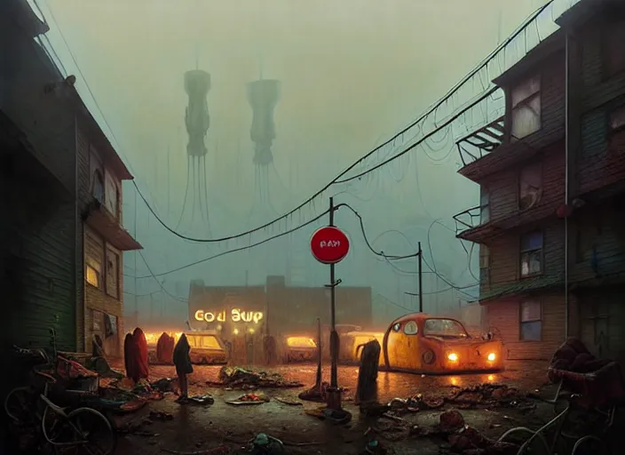 Image similar to waiting in line for cold soup by simon stalenhag and gil elvgren and tom bagshaw and marc simonetti and quint buchholz and jan miense molenaer, slums, highly detailed, hyperrealism, dreary, cold, cloudy, grey, smog, high contrast, solarpunk, high saturation