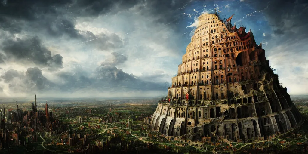 Image similar to Bruegels The Tower of Babel, solarpunk city, atmospheric lighting, hyperrealistic, realistic, photorealistic, dynamic lighting, highly detailed, cinematic landscape, studio landscape, studio lighting by Romain Jouandeau