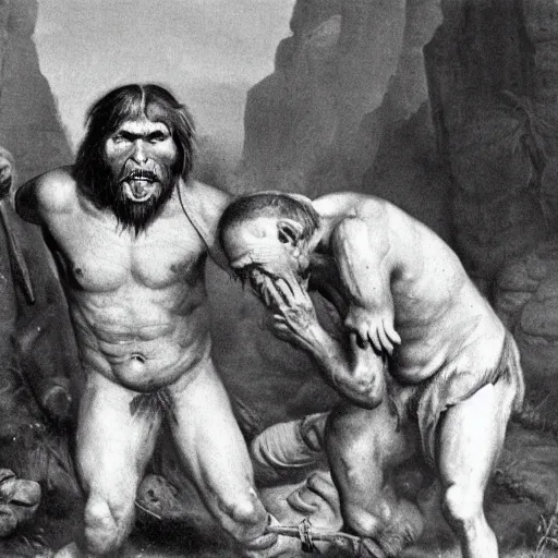 Prompt: historical picture war between homo sapien and neanderthal, authentic detail, with accurate event, hyperrealistic, photorealistic, trending on museum curator