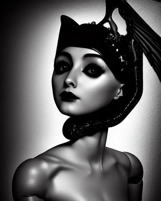 Image similar to surreal mythical dreamy dark artistic black and white fine art 3 / 4 fashion portrait photo of a young beautiful delicate female robot - owl with orchid - doll face, rim light, cinematic, studio dramatic light, poetic, masterpiece, octane render, 8 k, photo - realistic by gustave dore hg giger and man ray