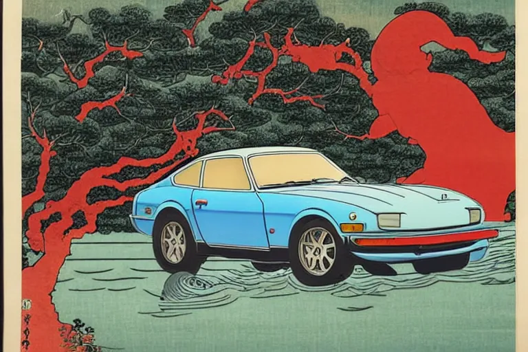 Image similar to ukiyo - e painting of a 1 9 7 5 datsun 2 4 0 z