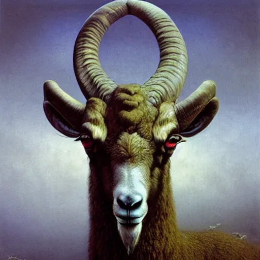 Image similar to Angry Yellow Bighorn Sheep portrait, dark fantasy, blue, artstation painted by Zdzisław Beksiński and Wayne Barlowe