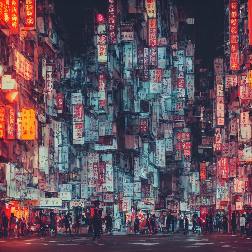 Prompt: a moody 2 0 0 mm photo of of someone walking in a busy street in hong kong at night, neon lights