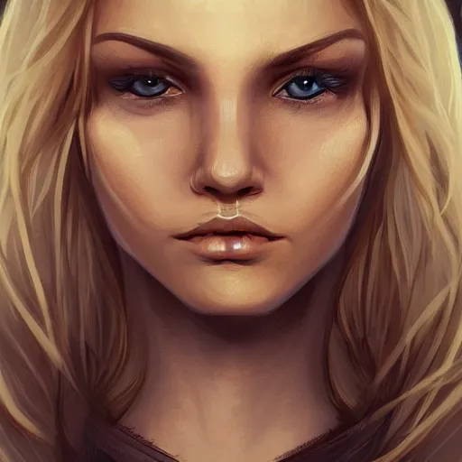 Prompt: portrait, 30 years old women :: fantasy :: amber eyes, long straight darkblond hair :: attractive, symmetric face :: brown medieval cloting, natural materials :: high detail, digital art, RPG, concept art, illustration
