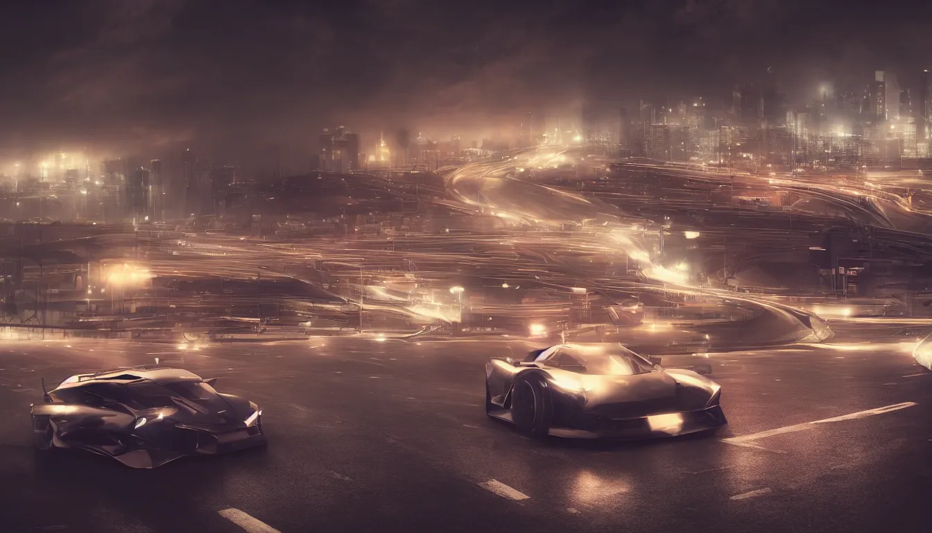 Prompt: One sport car in a highway by Khyzyl Saleem , city landscape, night time, stormy wheater, atmospheric, trending artstaion, concept art, sharp focus, high detail, octane render, synthwave