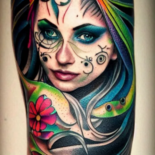 Image similar to tattoo on female face, epic, colorful, beautiful, intricate detail