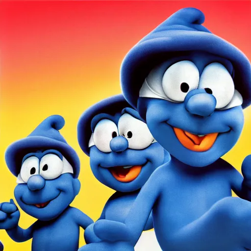 Image similar to the smurfs on the beastie boys album cover, 8 k resolution hyperdetailed photorealism