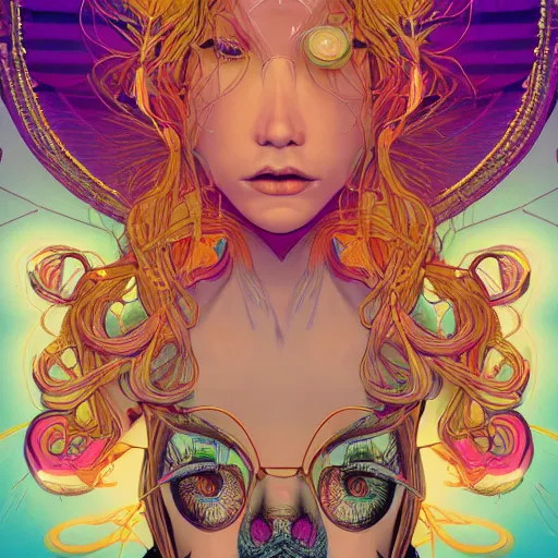 Image similar to the portrait of a ridiculously beautiful and pretty woman partially made of onion rings of all colors looking up, an ultrafine detailed illustration by james jean, final fantasy, intricate linework, bright colors, behance contest winner, vanitas, angular, altermodern, unreal engine 5 highly rendered, global illumination, radiant light, detailed and intricate environment