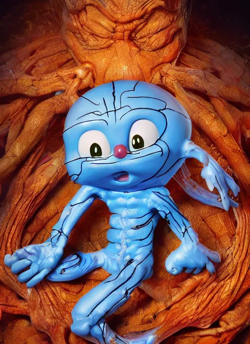 Image similar to Doraemon with translucent skin, visible muscles and veins and arteries and bones and spines and nerves, beautiful detailed intricate insanely detailed octane render, 8k artistic photography, photorealistic, chiaroscuro, by David Cronenberg, Raphael, Caravaggio