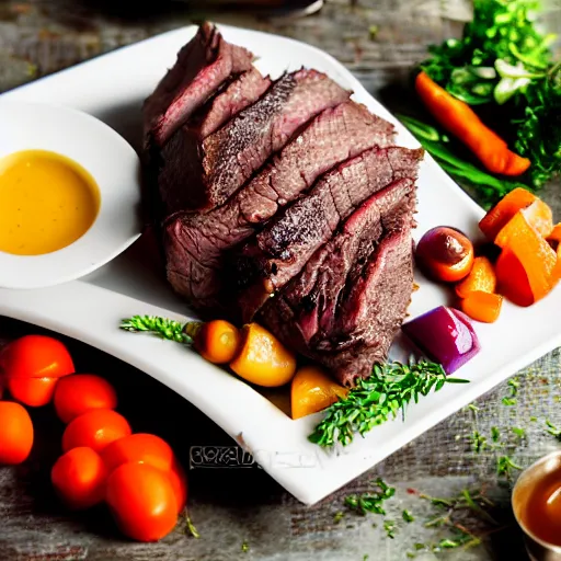 Image similar to perfect beautiful wine beef roast served in michelin star restaurant, juicy sauce, platter of saute vegetables, bokeh, beautiful arrangement, captured on canon eos r 6