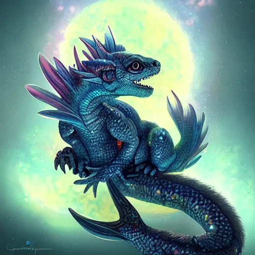 Image similar to a hyperrealistic illustration of a cute and tiny dragon that glows in the dark, dragon baby, glow in the dark, fractal moonlight, little dragon with glowing scales, award - winning, masterpiece, in the style of tom bagshaw, cedric peyravernay, peter mohrbacher