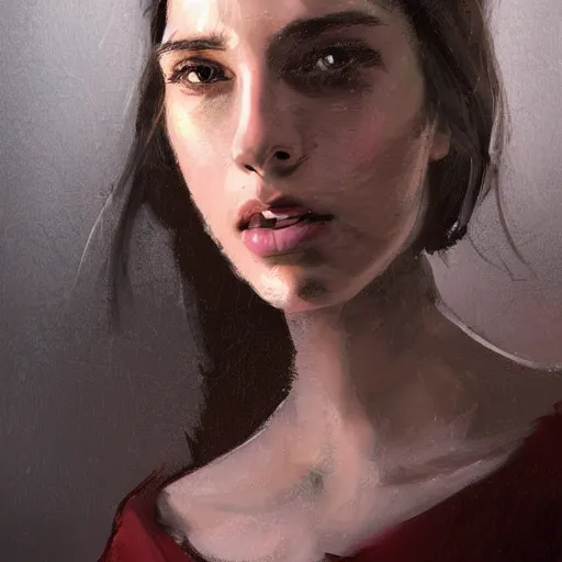 Image similar to Portrait of a woman by Greg Rutkowski, she is about 20 years old, brown long and straight hair, pretty oval face, attractive, her features are a mix between german and turkish, tall and slim, smart looking, she is wearing utilitarian red and black jumpsuit, highly detailed portrait, digital painting, artstation, concept art, smooth, sharp foccus ilustration, Artstation HQ.