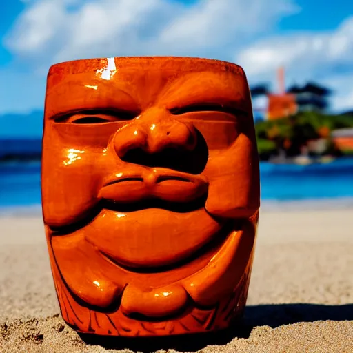 Image similar to a closeup photorealistic photograph of a glossy orange cat garfield style tiki mug sitting at a trader vic's beach bar featuring garfield's face. tiki theme. bright scene. fine detail. this 4 k hd image is trending on artstation, featured on behance, well - rendered, extra crisp, features intricate detail, epic composition and the style of unreal engine.