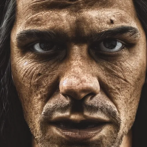 Prompt: portrait close up of a man with a very square and large jaw, his face lines are harsh, he has no beard but long black hair, he looks like a cave man bronze, soft lighting, rough lines