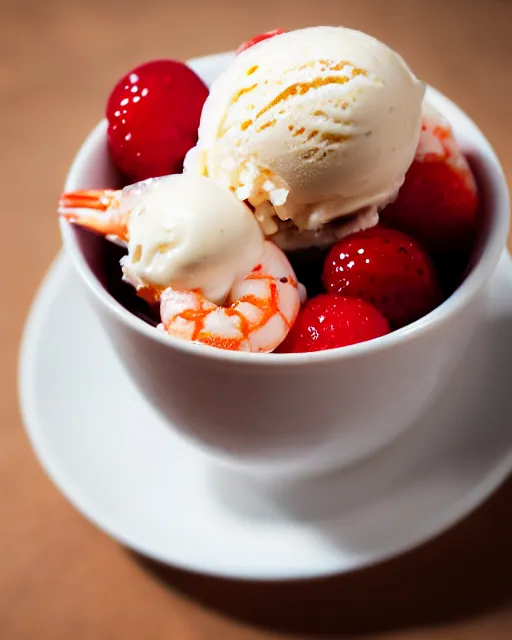 Image similar to dslr food photograph of a cup of ice cream sundae with shrimps on. 8 5 mm f 1. 4