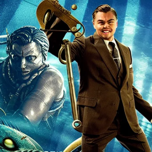 Image similar to movie poster depicting andrew ryan, portrayed by leonardo dicaprio, in a new live - action bioshock movie, the underwater city of rapture is also present