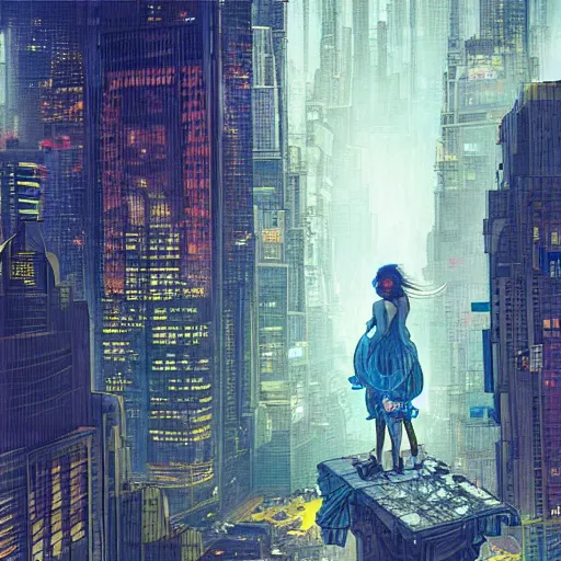 Image similar to “ a girl standing on a ledge looking down at a futuristic new york city below, cyberpunk, ghostpunk, storm clouds, very detailed, by alphonse mucha ”