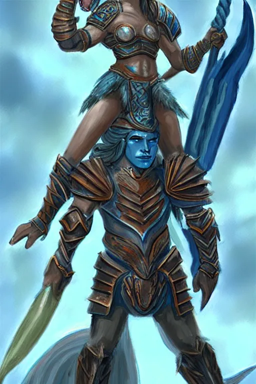 Image similar to a small blue-skinned triton girl wearing scale armor riding on a the shoulders of a large male goliath wearing fur and leather armor, dnd concept art, painting by Daniel R Horne