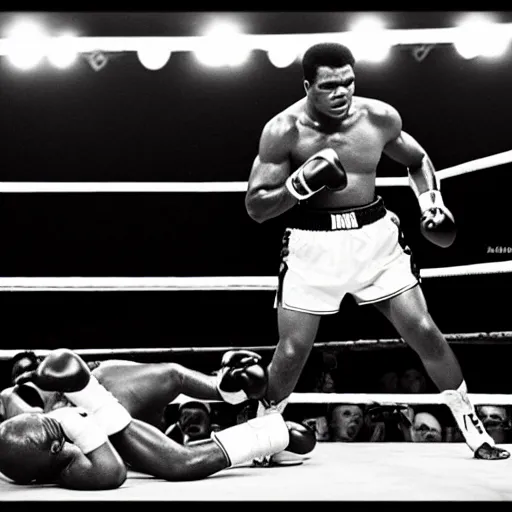 Prompt: Photo, black and white, of Mike Tyson fighting Muhammad Ali. 8K high res.