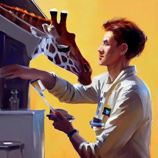 Image similar to a giraffe astronaut drinking tea with queen isabel, trending on artstation, art by greg manchess, guangjian, detailed digital art, artstation hd