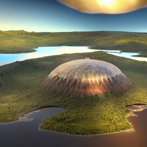 Prompt: a highly detailed landscape painting of large island in the center of a meteor crater lake with a domed futuristic fantasy city, river running through a crater, aerial photography, ultrawide lens, art by john collier and jeon seong and albert bierstadt, volumetric lighting, octane render, 4 k resolution, trending on artstation, masterpiece