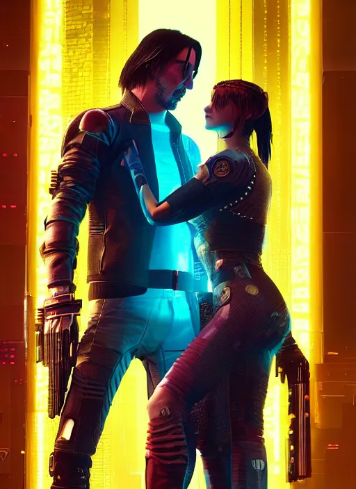 Prompt: a cyberpunk 2077 couple portrait of a Keanu Reeves as johnny silverhand and a female android in final kiss,love,fantasy, intricate, elegant,film lighting,artstation,deviantart,FAN ART,full of color,Digital painting,face enhance,highly detailed,8K,octane,golden ratio,cinematic lighting