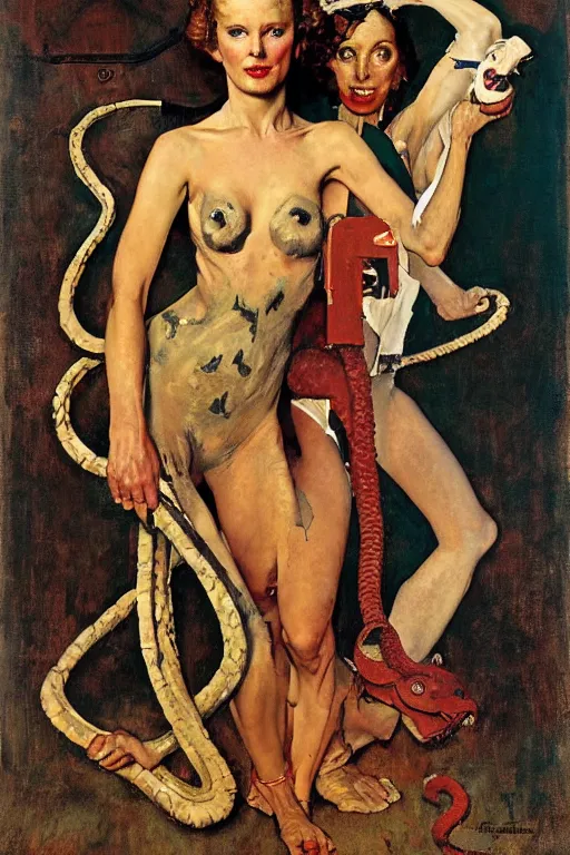 Image similar to portrait of fierce woman as with human head and serpent's body, norman rockwell, jacob collins, tom lovell, frank schoonover