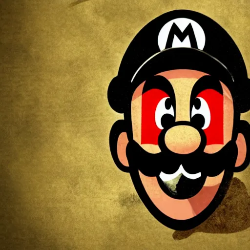 Prompt: Super Mario facing away, resident evil, dark fantasy, horror