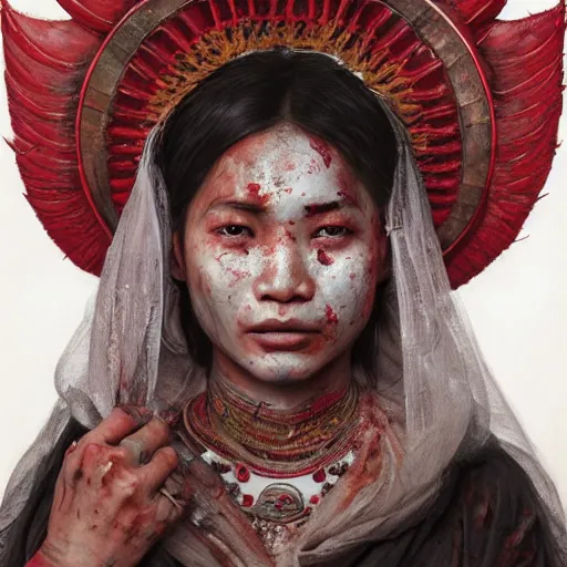 Image similar to portrait painting of a bloodied nepali female butcher, ultra realistic, concept art, intricate details, eerie, highly detailed, photorealistic, octane render, 8 k, unreal engine. art by artgerm and greg rutkowski and alphonse mucha