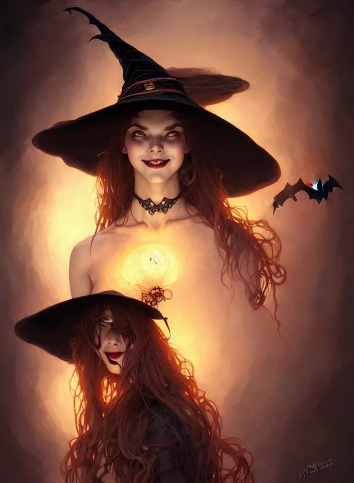 Image similar to halloween witch woman in a hat smiles, fantasy magic, undercut hairstyle, dark light night, intricate, elegant, sharp focus, illustration, highly detailed, digital painting, concept art, matte, art by wlop and artgerm and greg rutkowski and alphonse mucha, masterpiece