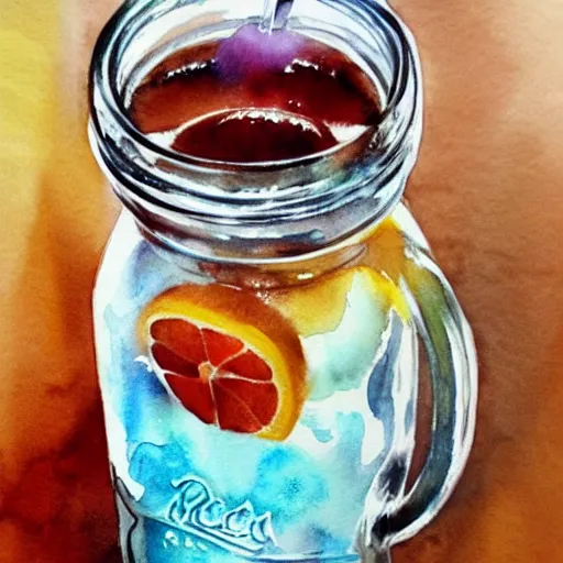 Image similar to Ice Tea in a mason jar, Watercolor, photorealistic, high resolution, award winning, trending on artstation, art by artgerm, best selling on redbubble