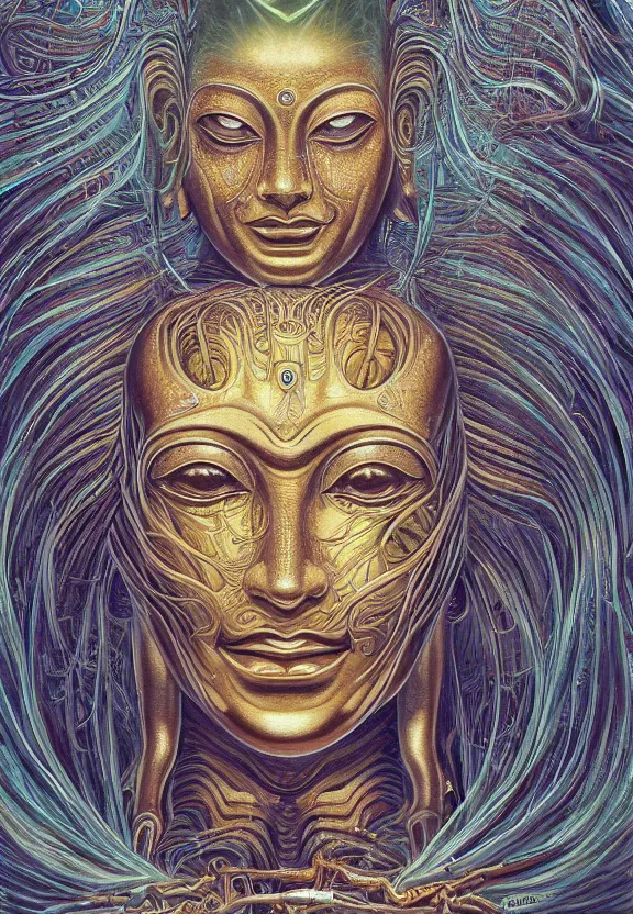 Image similar to perfectly centered portrait, front view of a beautiful biomechanical alien android robot buddha, female, flowing hair, intense stare, sarcastic smile, symmetrical, concept art, intricate detail, volumetric shadows and lighting, realistic oil painting by alex grey and gustave dore,