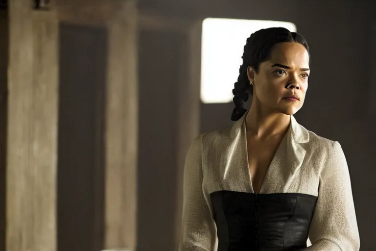 Prompt: portrait of tessa thompson as dolores abernathy in westworld