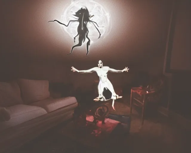 Image similar to transparent horror demon spirit attacks in living room with summoning circle pentacle out interior photos shot on iphone, dynamic pose, full body shot, sharp focus, grainy, corpse, paranormal flashlight, deep night,,