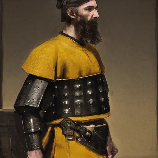 Prompt: Medium closeup shot frustrated and acerbic male bearded Imperial soldier wearing a {black and yellow tabard} over a steel breastplate and a black gambeson leaning over a table, by Raymond Swanland Greg Rutkowski Lise Deharm, {perfect face}, {perfect eyes}, {perfect body}, {hands planted on war table while standing},