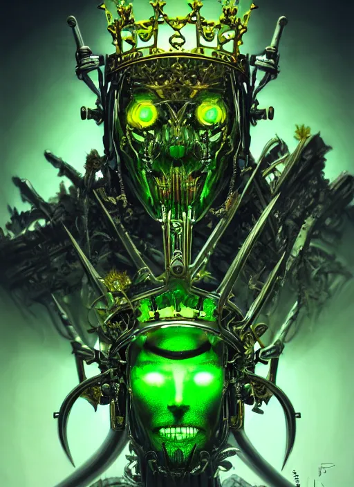 Image similar to portrait shot of the king of the bionic skeletons with a crown of blades, glowing green, intricate, elegant, highly detailed, centered, digital painting, artstation, concept art, smooth, sharp focus, warframe, illustration, anders zorn, tomasz alen kopera, peter mohrbacher, donato giancola, leyendecker, boris vallejo