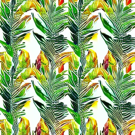 Image similar to repeating pattern seamless. watercolor. tropical palm leaves, warm light, gold and green, hyperrealistic, detailed