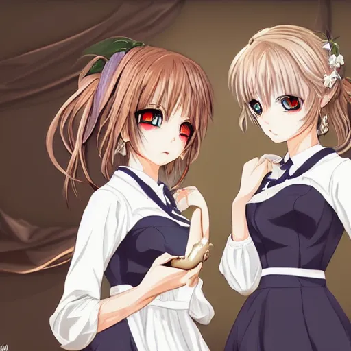 Image similar to a serious stare down between two beautiful maids standing face to face, detailed anime art