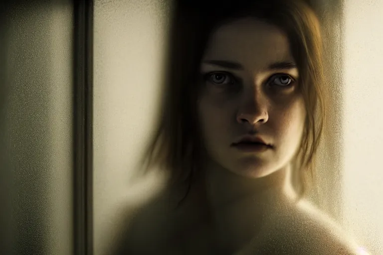 Prompt: an ultra realistic, cinematic, close up portrait, of a young woman, looking in the window, fire, dramatic, soft light, dreamy, facial features, stood in a cell, wearing prison clothing, detailed, deep focus, movie still, dramatic lighting, ray tracing, by michal karcz and yoshitaka