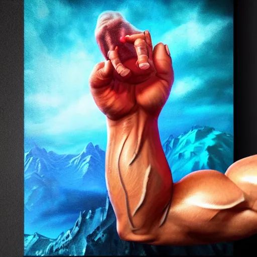 Image similar to photorealistic Bajrangbali holding mountain on his hand, muscular body, magical effect, clear clean face, artstation, devainart, hyperreal, hyperdetailed, 8k ,hd