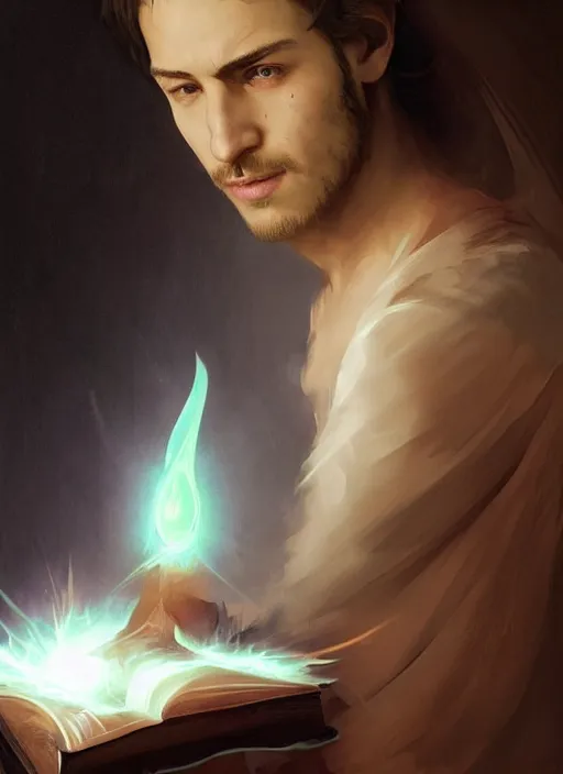 Prompt: character concept portrait of an attractive young focused Spanish wizard with pale orange skin conjuring an burning spell, a floating iridescent spell book in the center, intricate, elegant, digital painting, concept art, smooth, sharp focus, illustration, from Metal Gear, by Ruan Jia and Mandy Jurgens and William-Adolphe Bouguereau, Artgerm