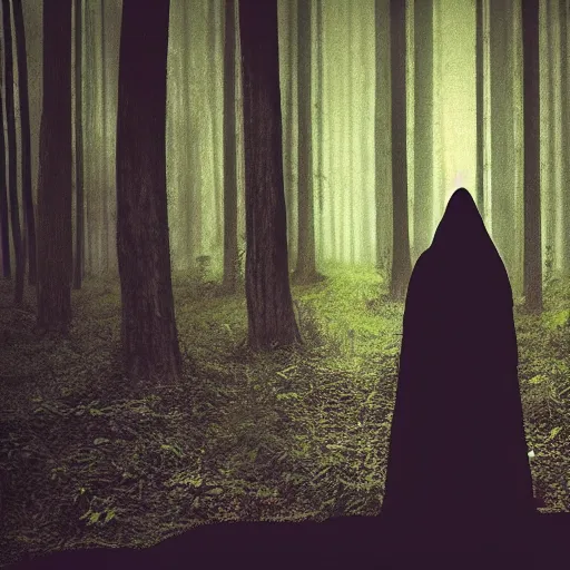 Image similar to long shot of a scary woman wearing all black, standing in the forest, melancholic, dreary, horror, creepy, glows, dark lighting, ambient lights, cinematic lighting, sinister, digital art,