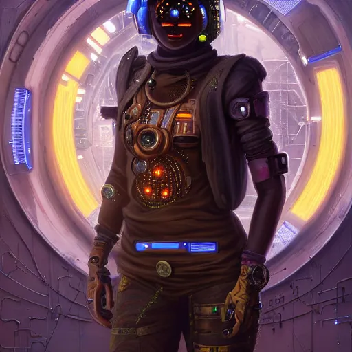 Image similar to a dogon cyberpunk hacker, steampunk stargate by greg rutkowski and android jones in a surreal portrait style, oil on canvas, ancient cyberpunk 8k resolution